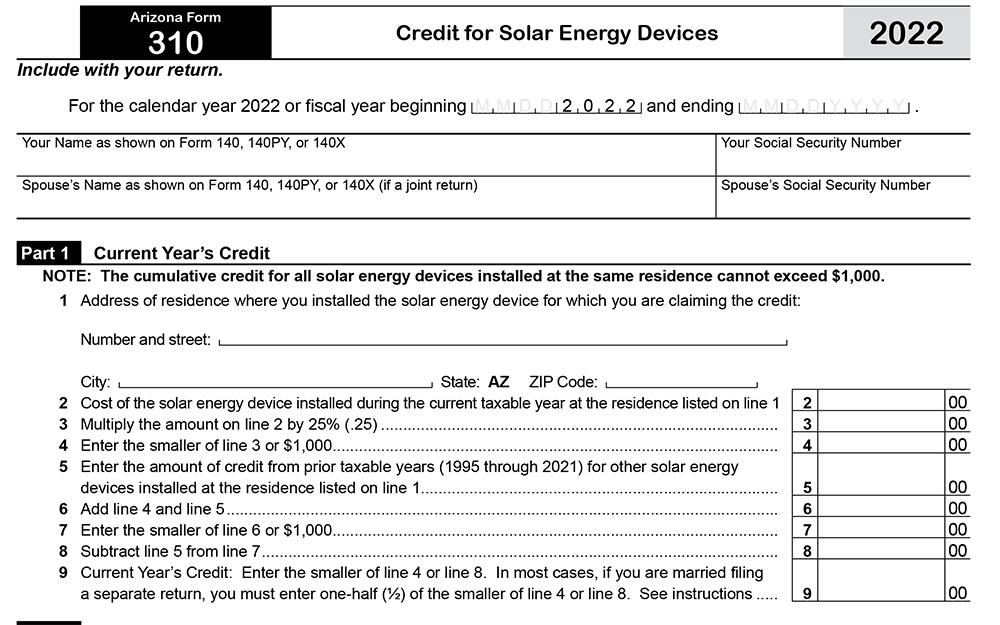 Screenshot of a PDF File for Form 310 or Credit for Solar Energy Devices from the Arizona Department of Revenue.